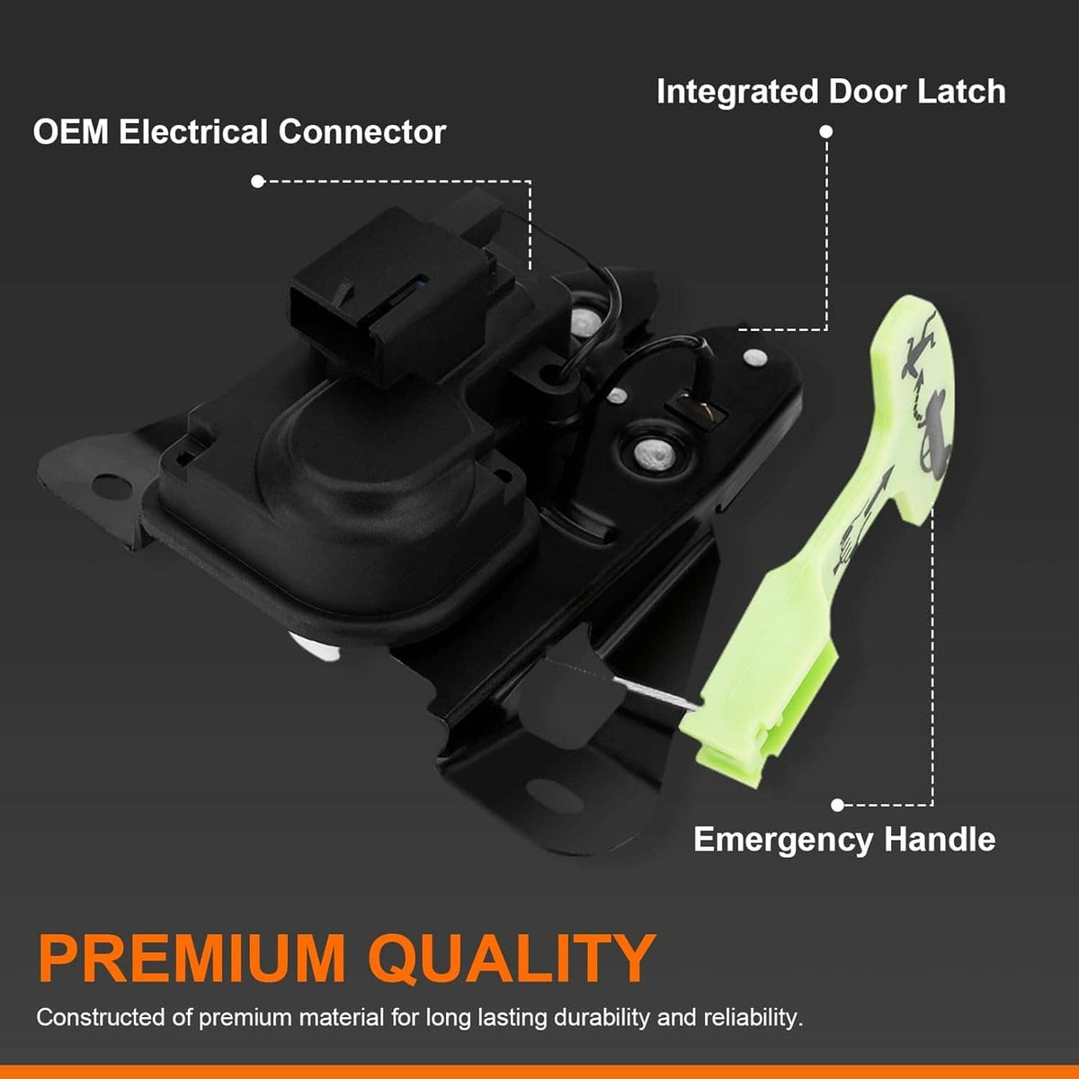 Black trunk latch actuator with integrated electrical connector and emergency handle