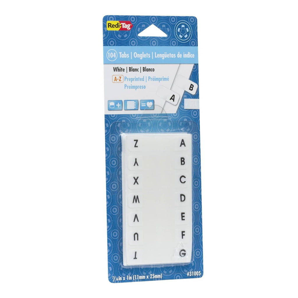 Alphabet divider tabs in retail package, white A–Z printed permanent tabs
