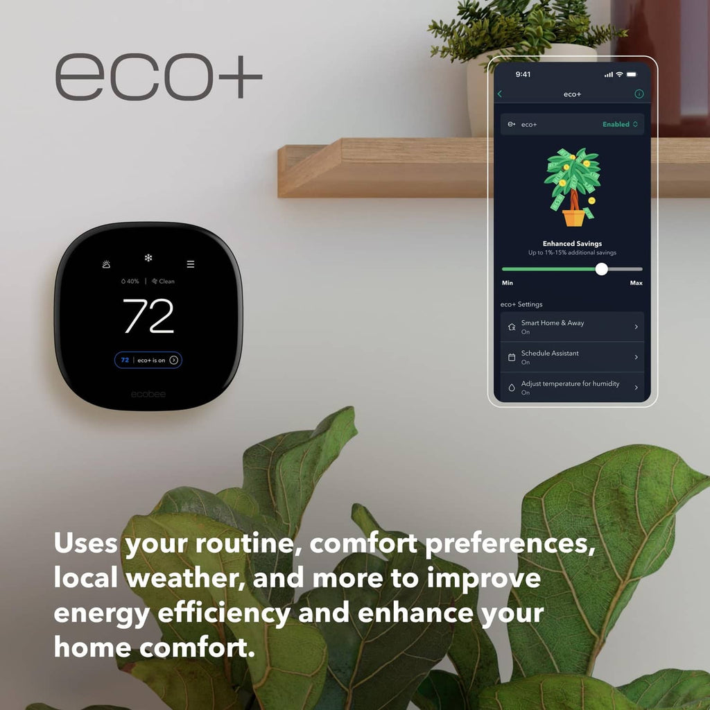 Black smart thermostat paired with a mobile app showing comfort settings