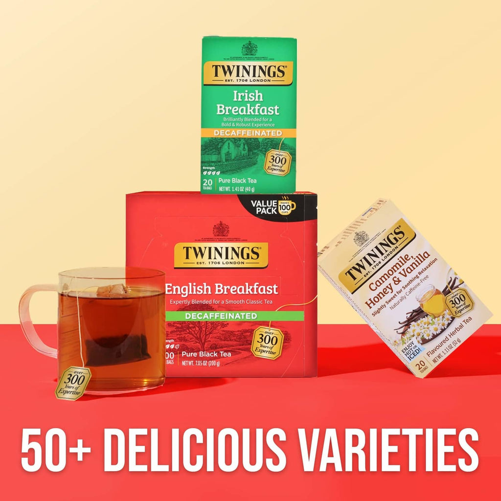 Twinings decaffeinated English Breakfast tea box with glass cup and teabags