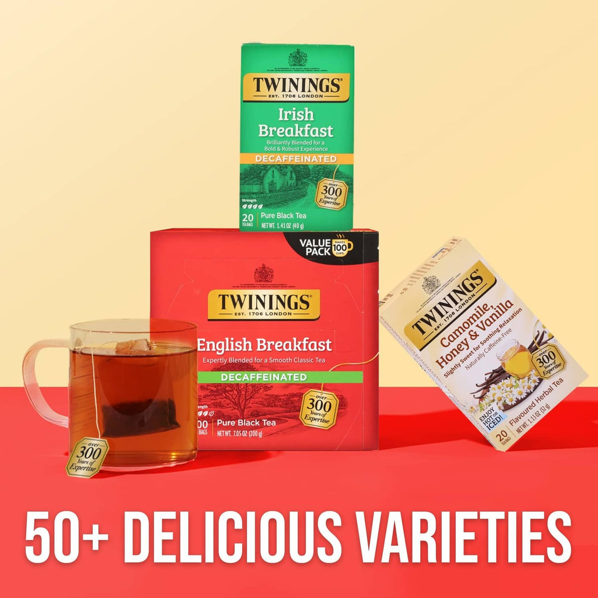 Twinings decaffeinated English Breakfast tea box with glass cup and teabags