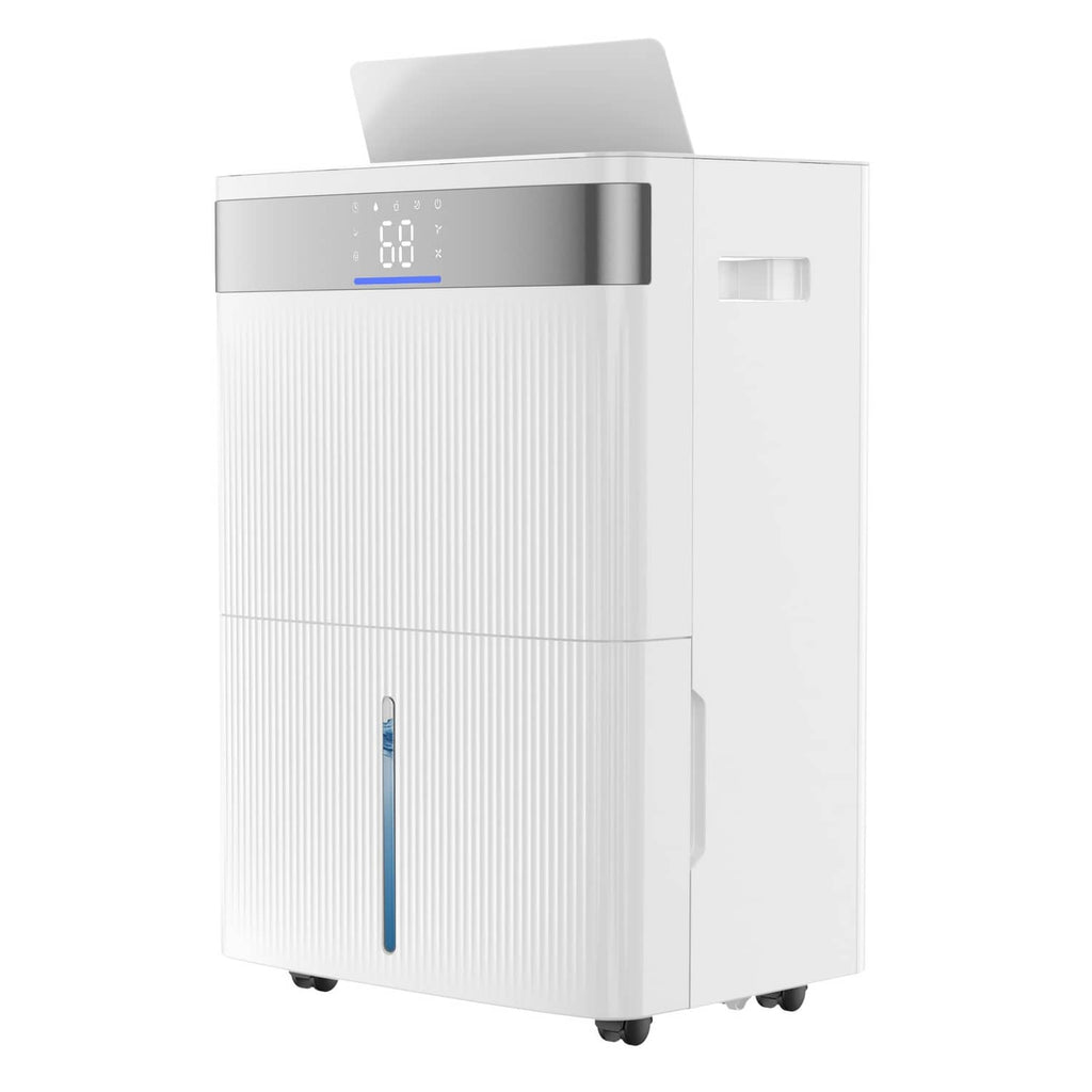 White dehumidifier with front LED humidity display and air vent grille