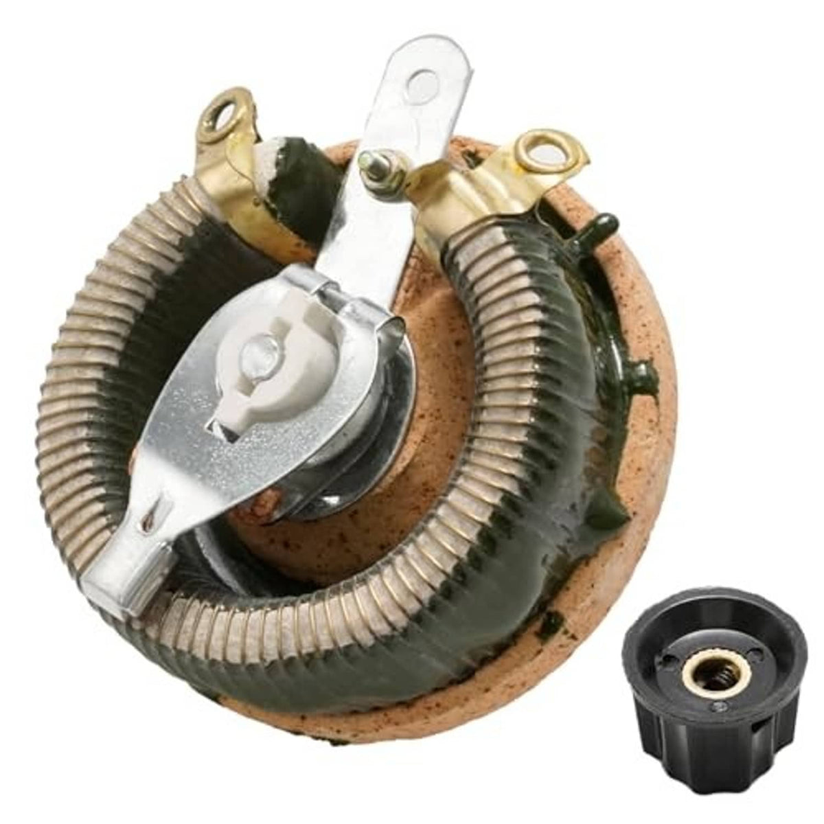 Wirewound rheostat with ceramic base, coiled resistors, and black adjustment knob