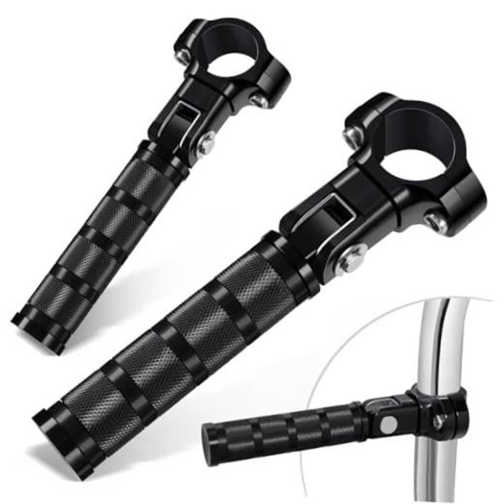 Black knurled motorcycle foot pegs with CNC clamp brackets and mounting bolts