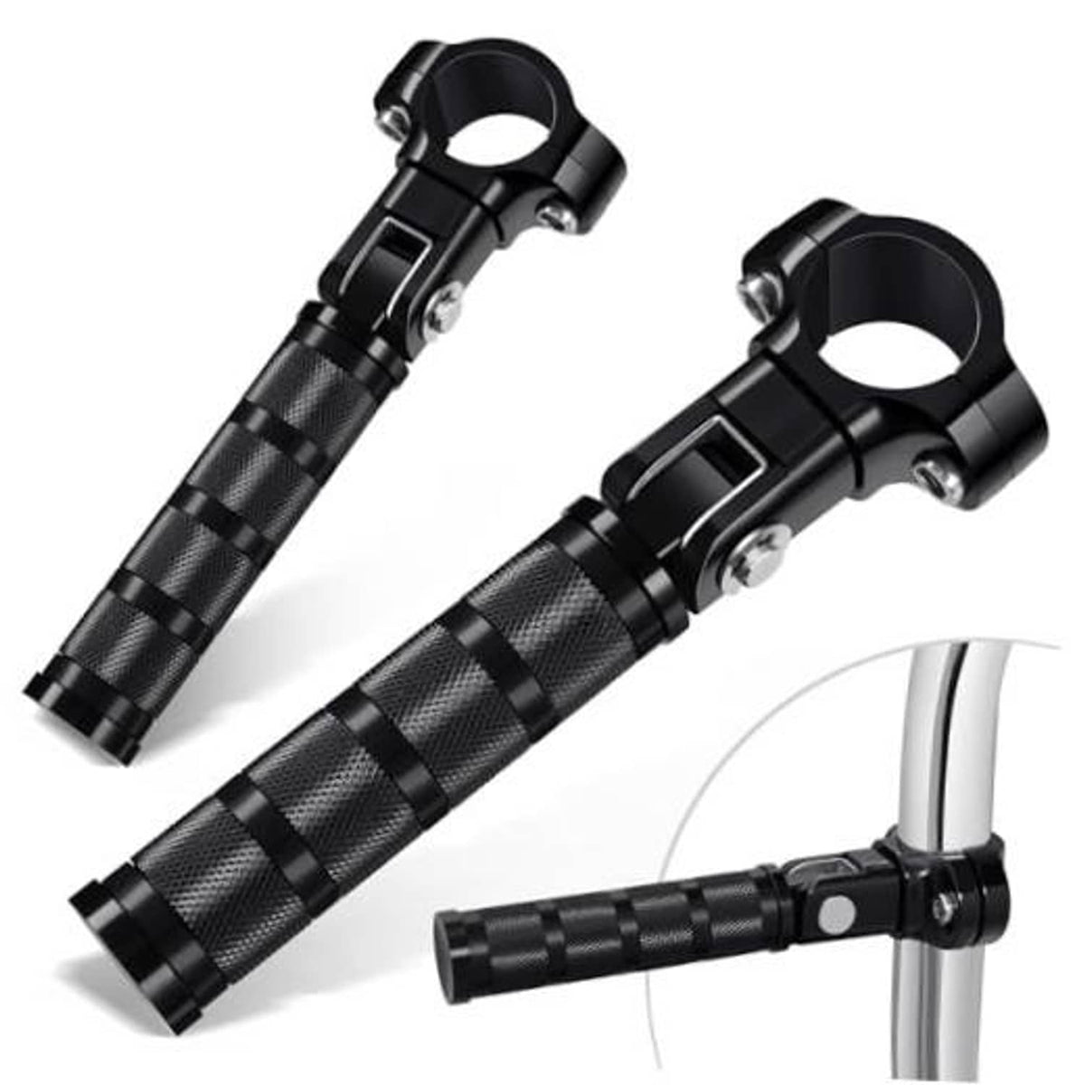 Black knurled motorcycle foot pegs with CNC clamp brackets and mounting bolts