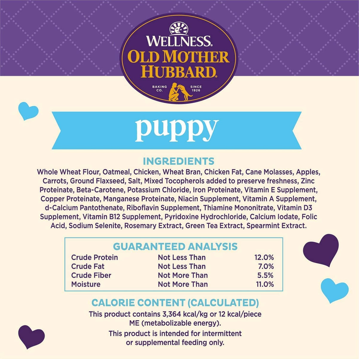 Puppy biscuit bag with ingredients and guaranteed analysis panel