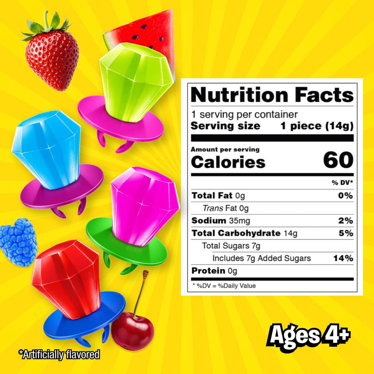Assorted Ring Pop lollipops with nutrition facts label and fruit-shaped lollipop tops