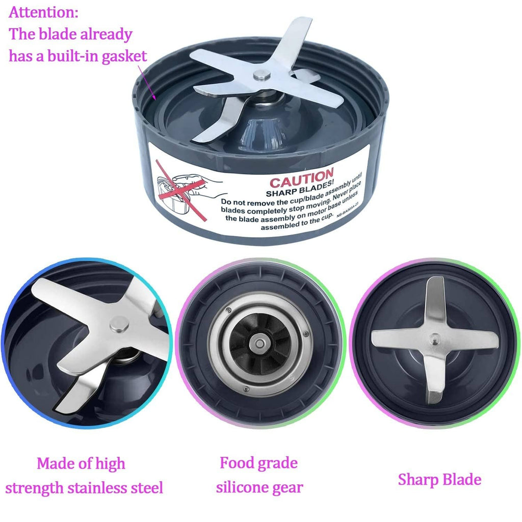 Black blender blade assembly with four-blade cross and caution label