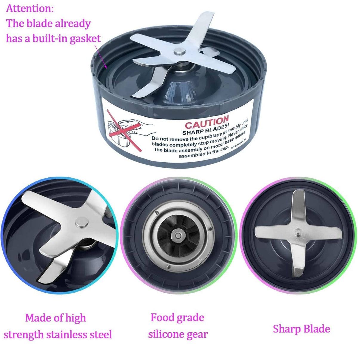 Black blender blade assembly with four-blade cross and caution label