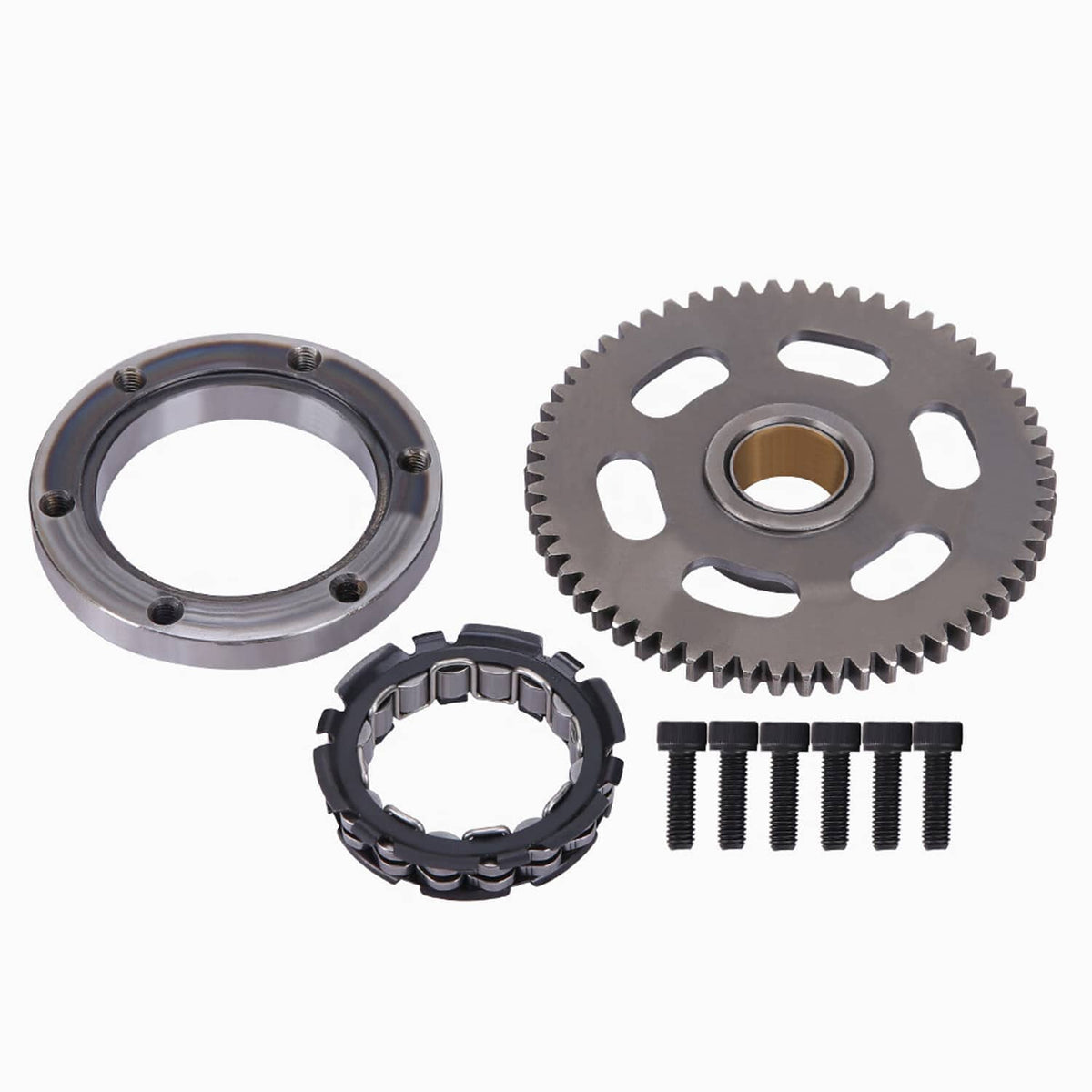 Starter clutch one-way bearing kit with clutch ring, gear sprocket, sprag bearing, bolts