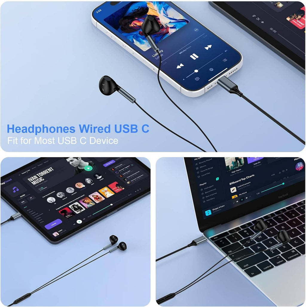 Wired USB-C earbuds connected to a phone with black in-ear buds and cable