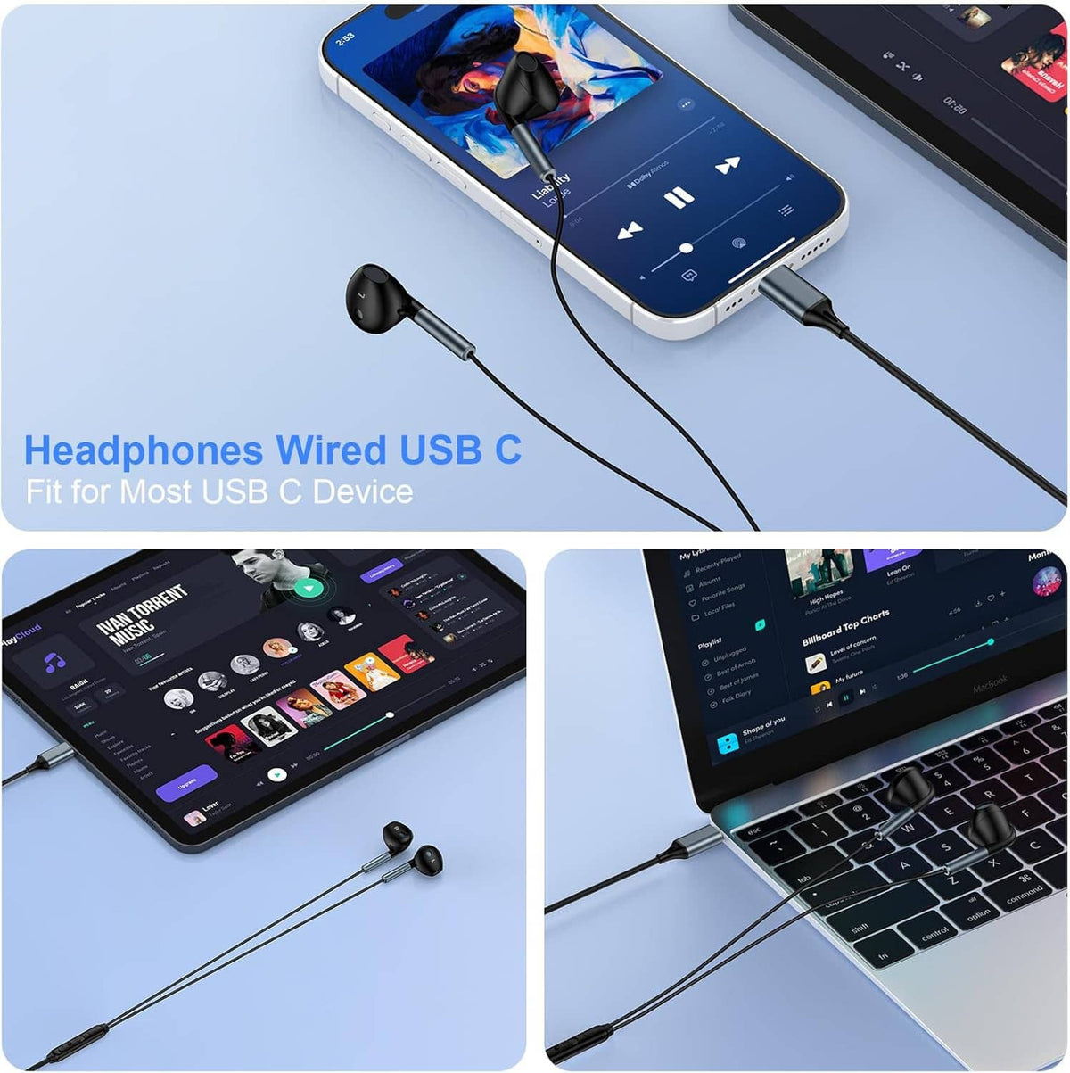 Wired USB-C earbuds connected to a phone with black in-ear buds and cable