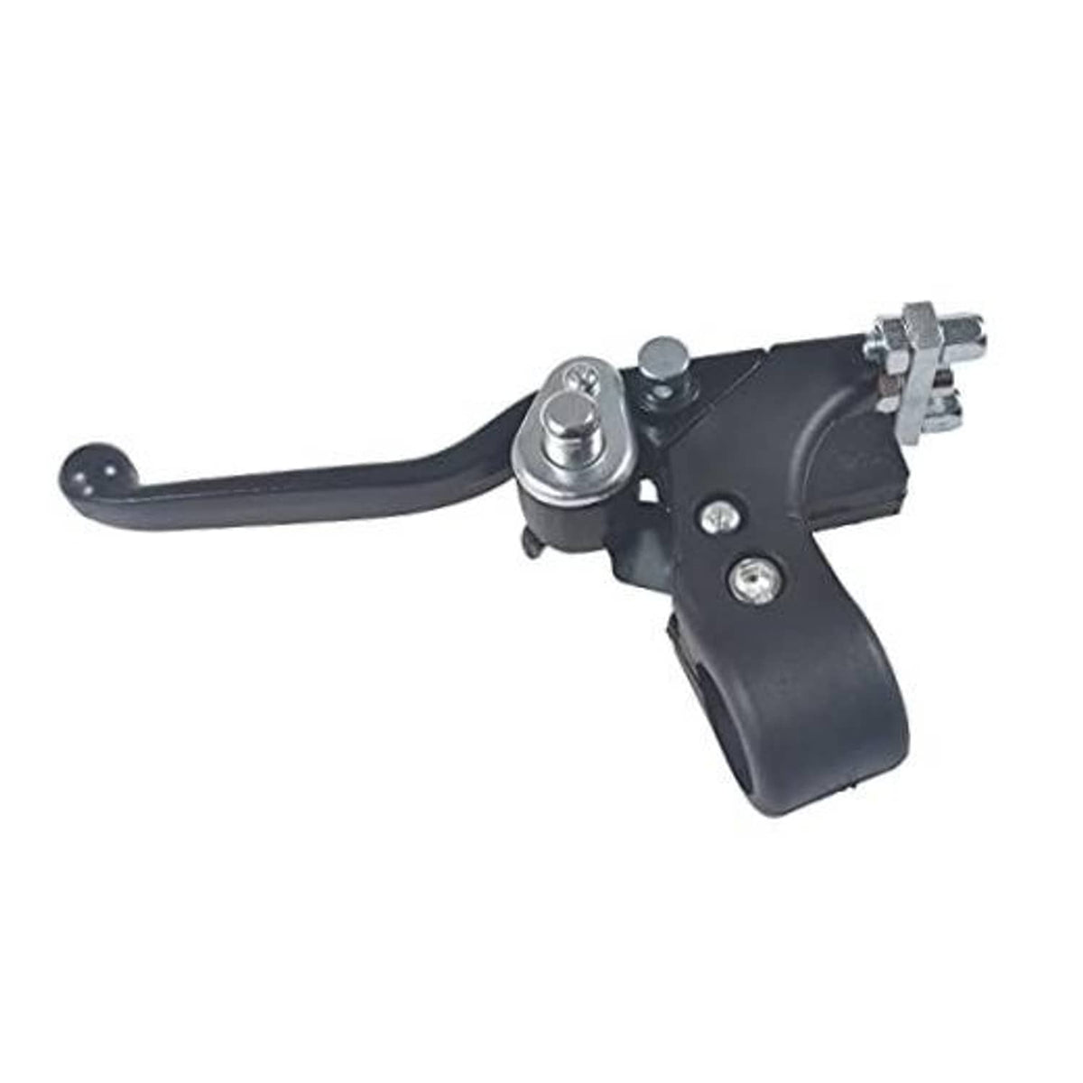 Black dual brake lever handle with silver clamp hardware, compact dirt bike quad