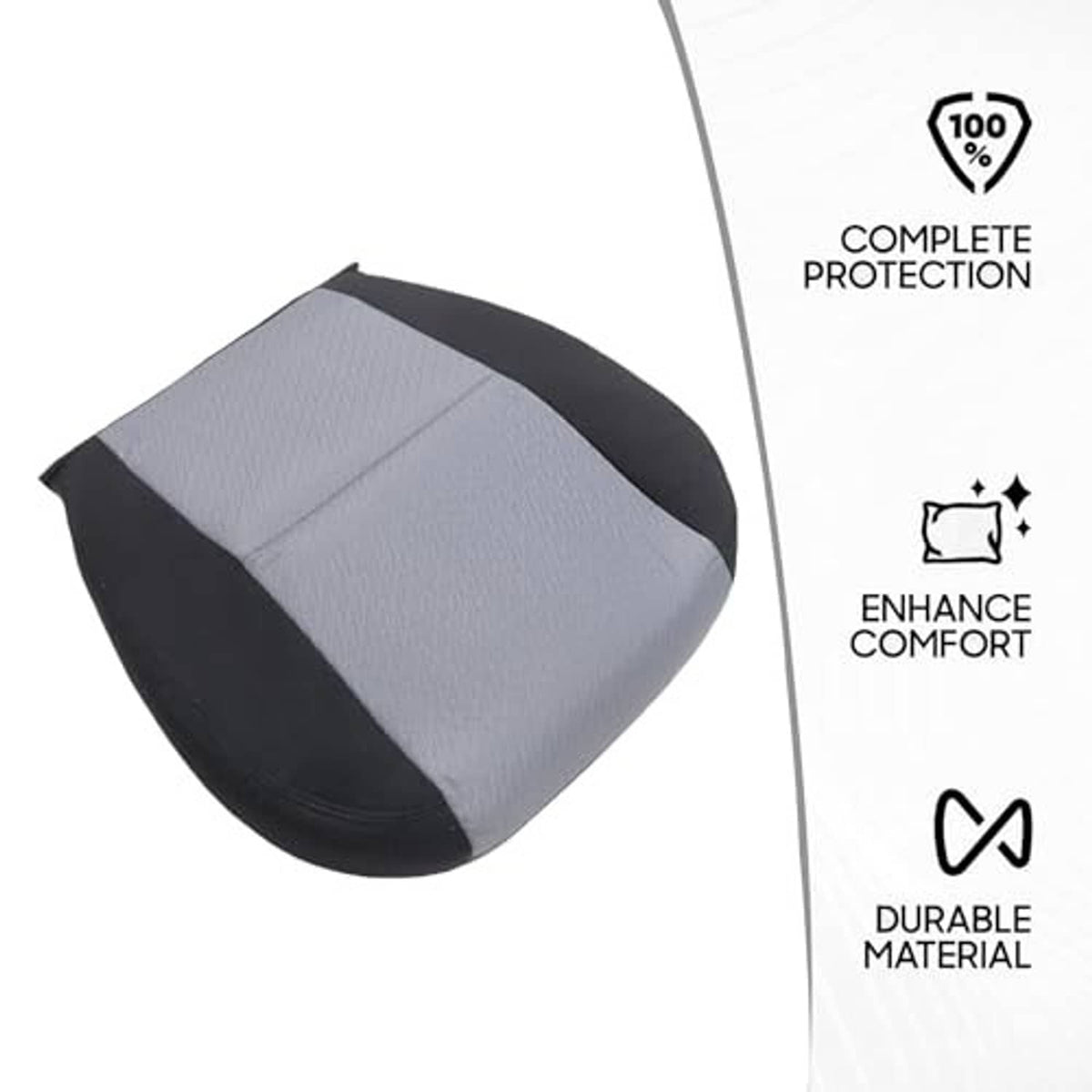 Gray cloth seat cushion cover with black side bolsters and double-stitched seams.