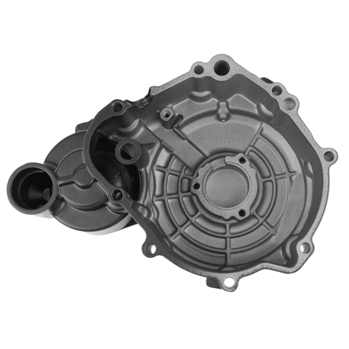 Engine stator cover housing, gray with black crankcase cover and intake boot