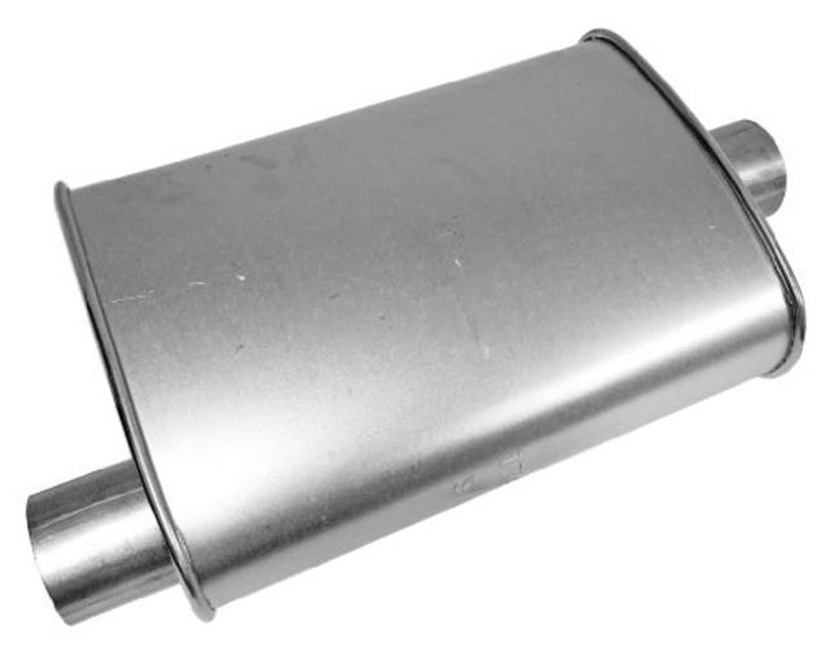 Universal exhaust muffler with cylindrical steel body and side inlet tube, close angle
