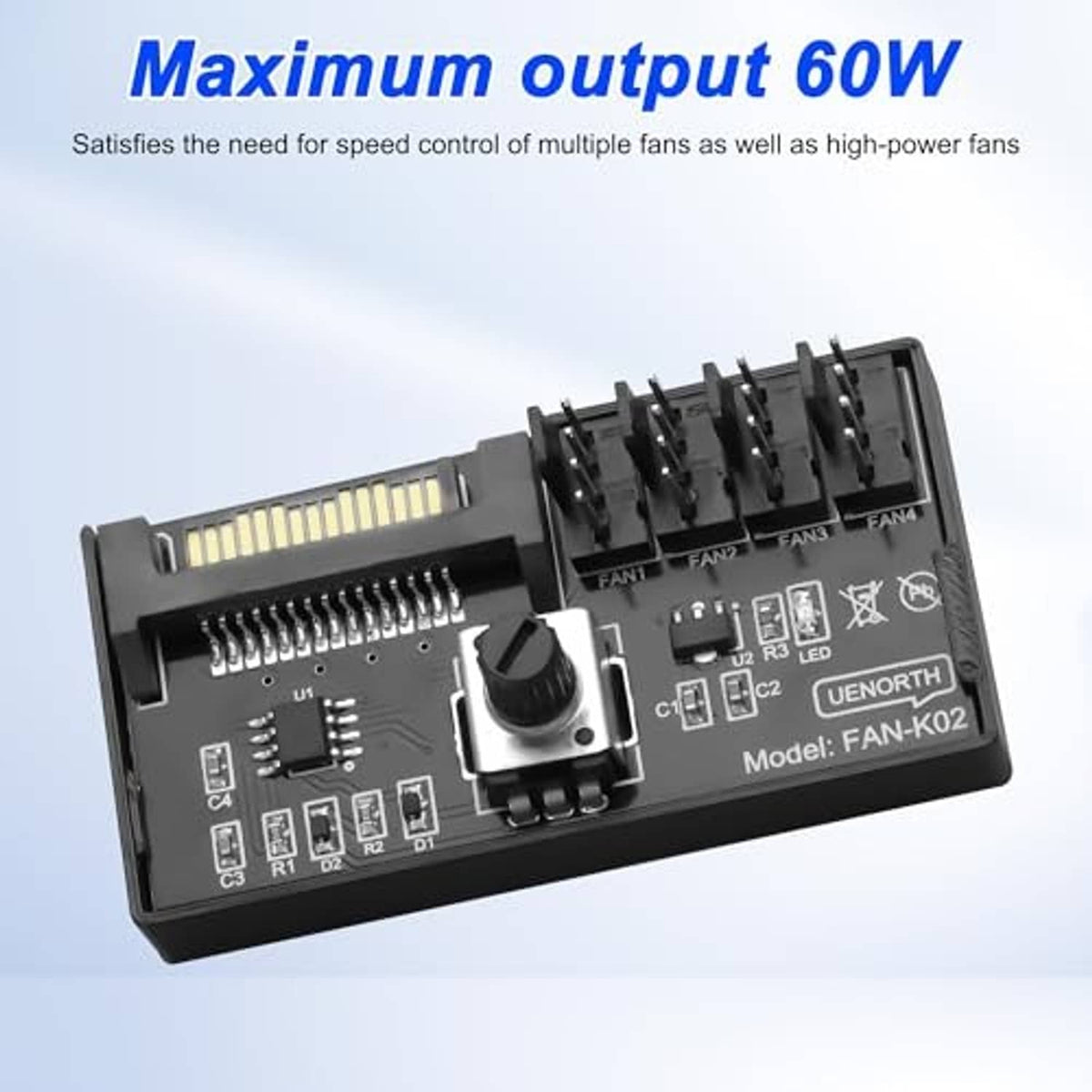 PC fan speed controller hub with multiple fan ports and speed knob, model FAN-K02
