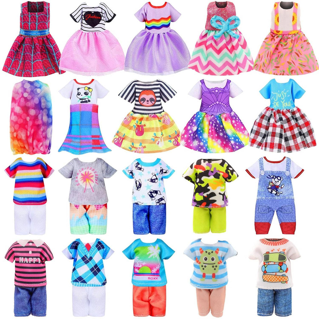 Assorted 6-inch girl doll outfit set with colorful dresses and shirts, including red