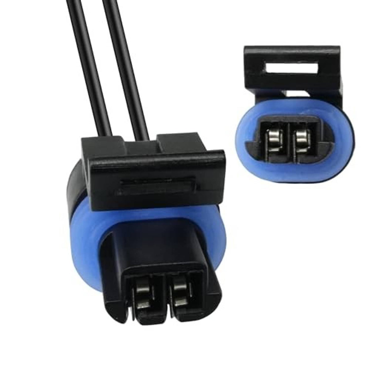 Blue oval socket sensor connector pigtail with black housing and two-wire leads