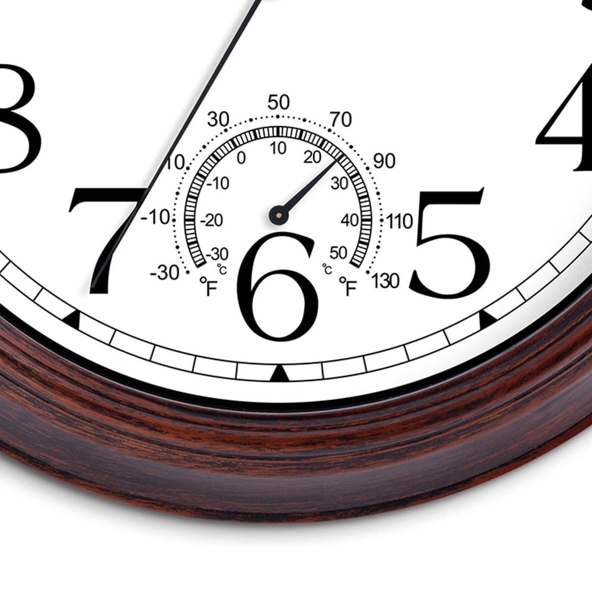 Close-up of outdoor wall clock face showing thermometer scale and large numerals.
