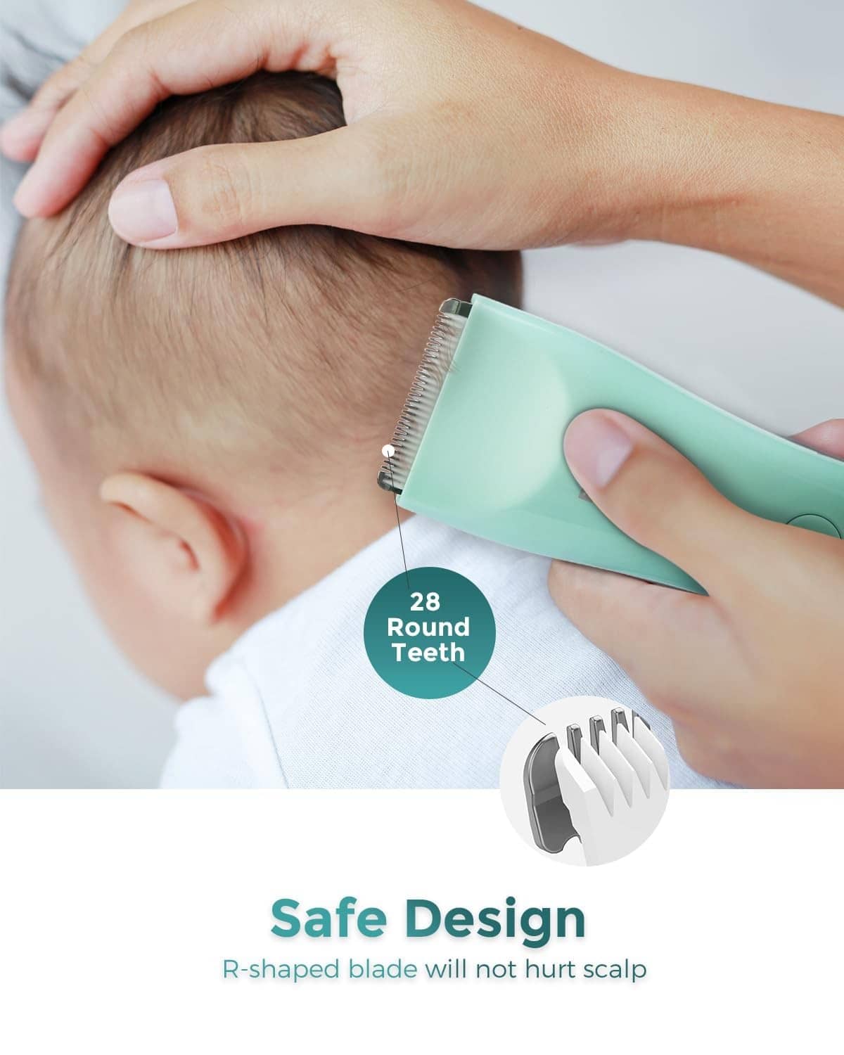 Mint teal hair trimmer with guard, cutting short hair on a child