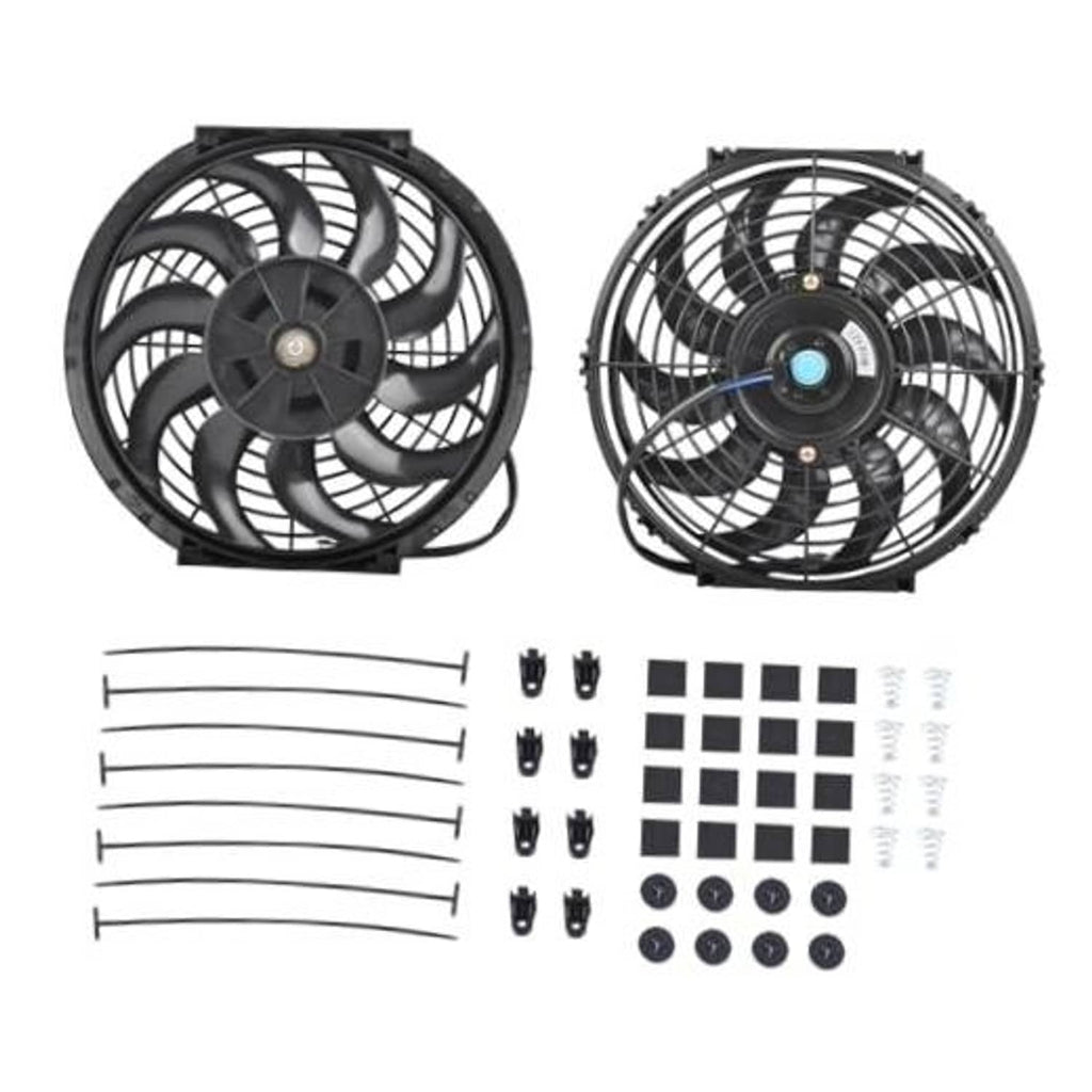 12-inch electric radiator cooling fan kit with two black push-pull fans and mounting hardware