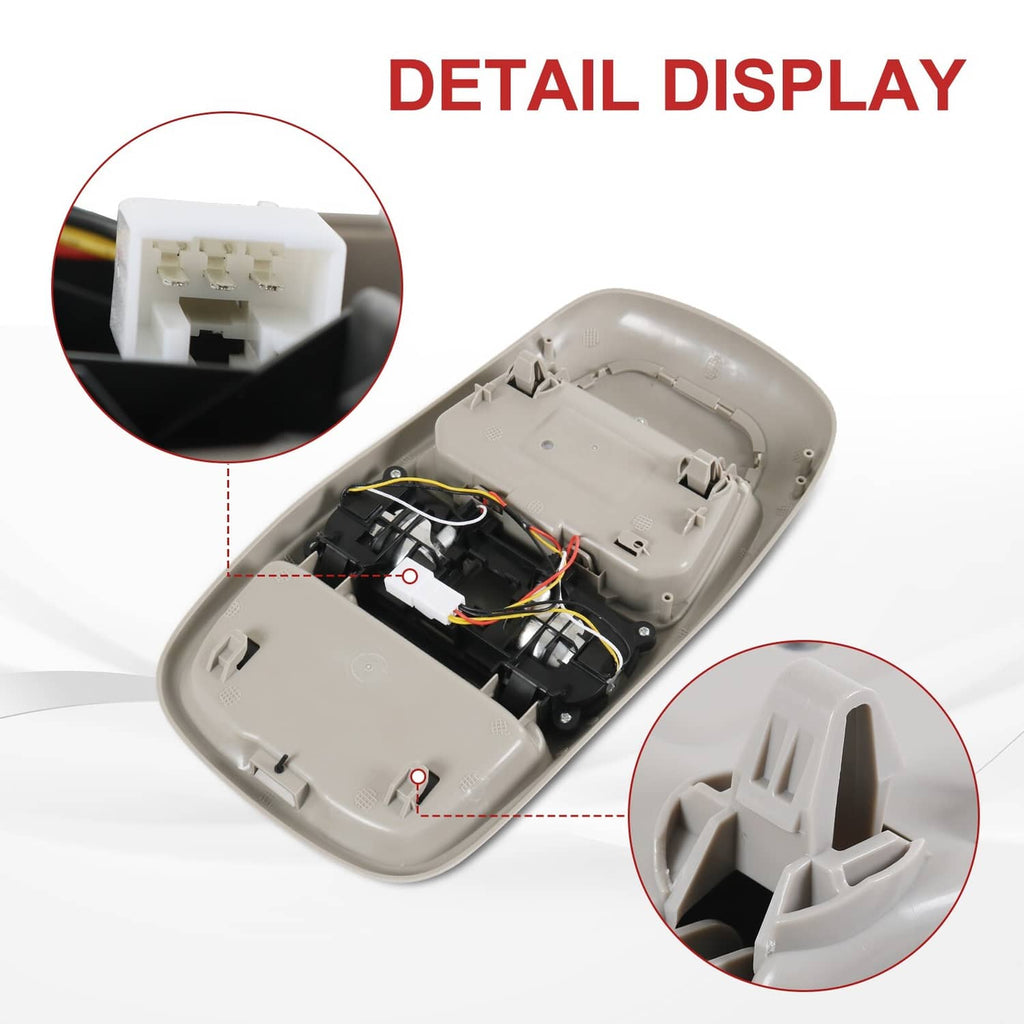Beige overhead console dome light housing with exposed wiring and mounting clips