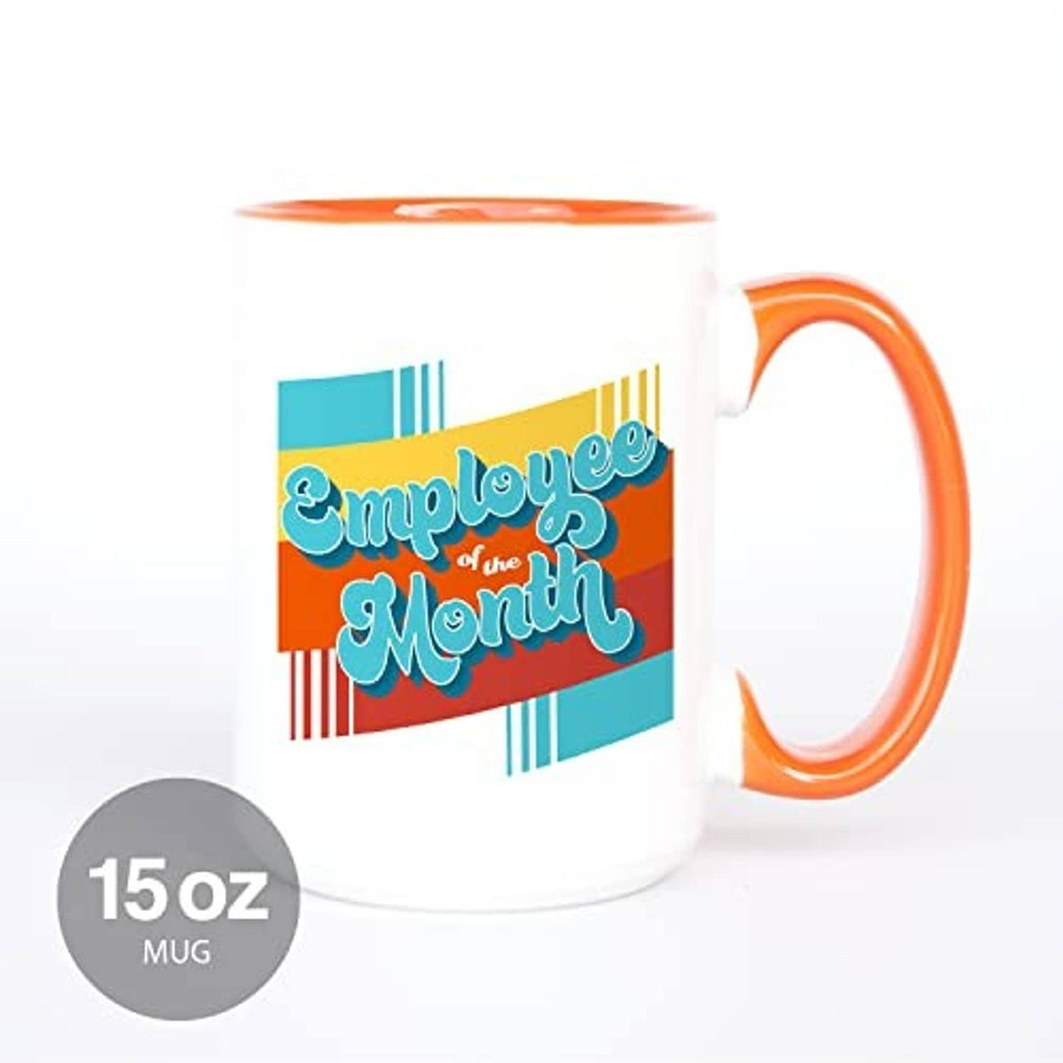 Orange-and-white ceramic mug marked 15 oz, with 'Employee of the Month' graphic
