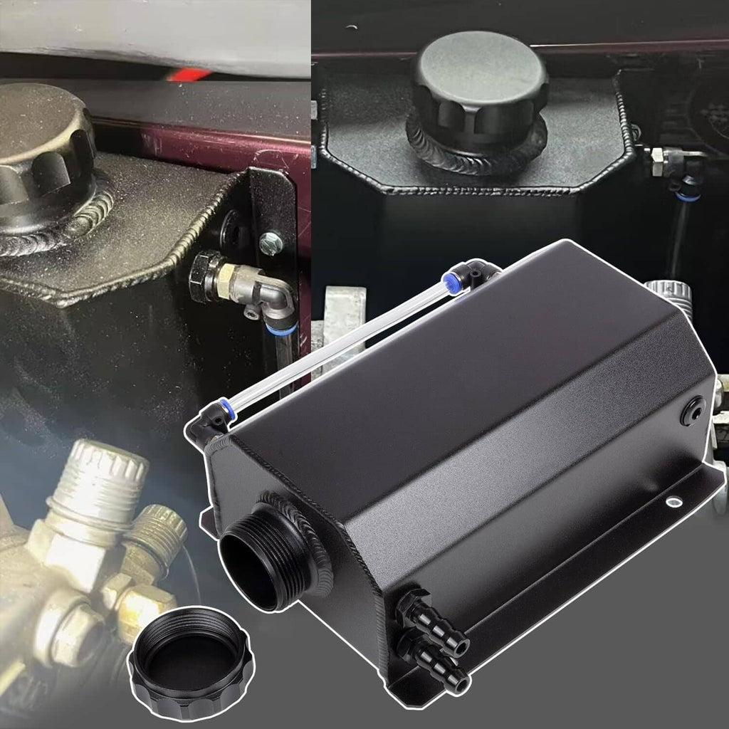 Black coolant overflow reservoir tank with threaded ports and mounting hardware