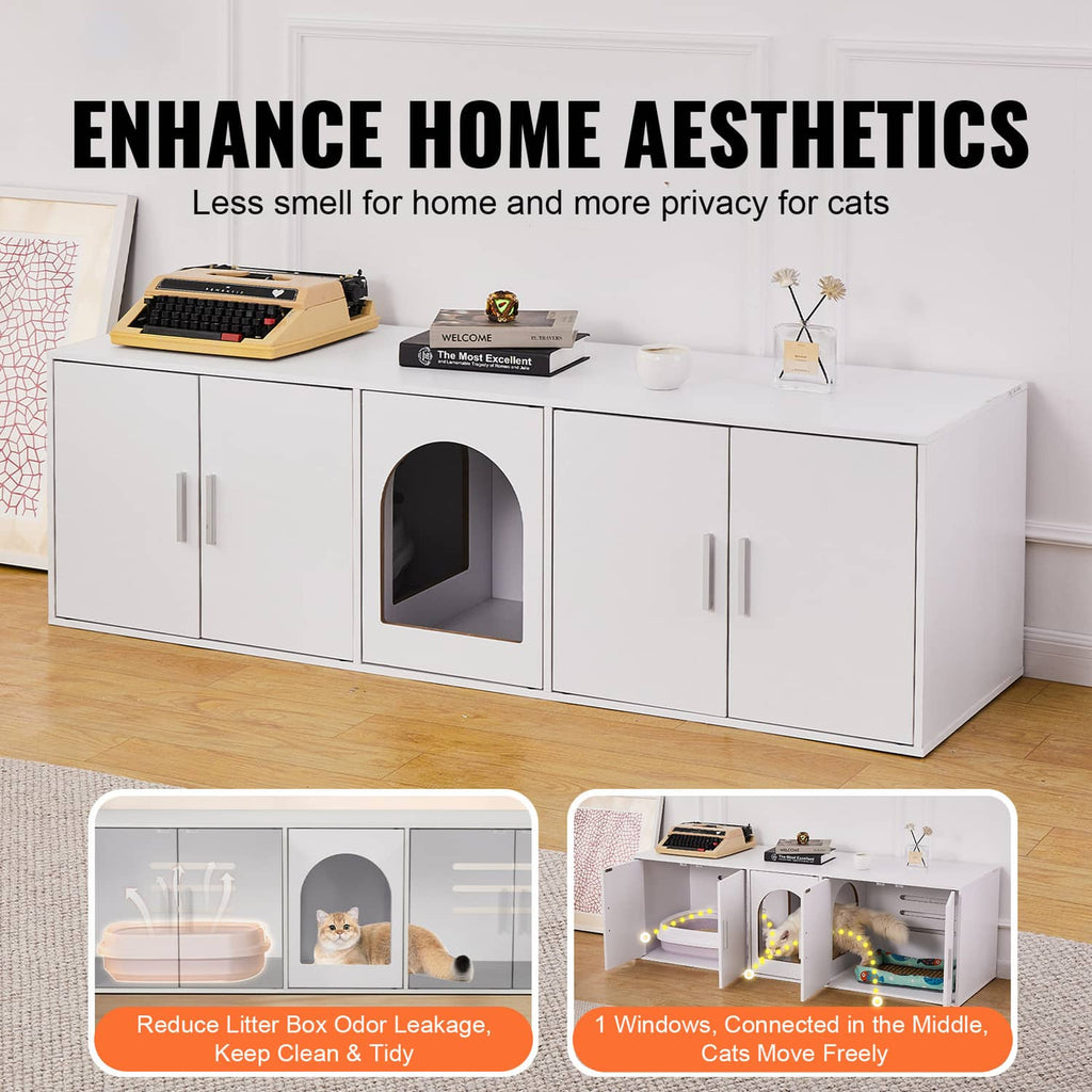 White cat litter box furniture enclosure with large front arched opening and covered side cabinets