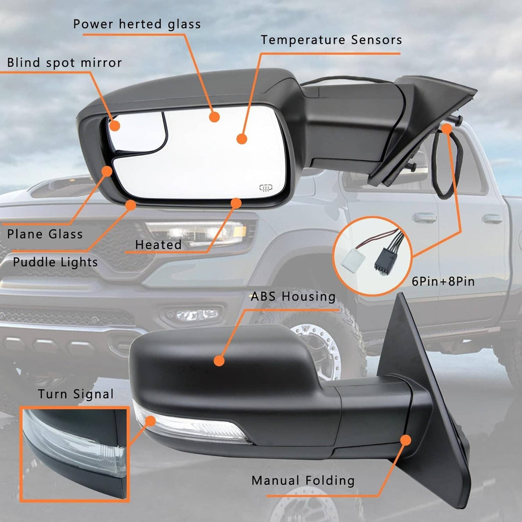 Left driver-side mirror with glass panel, turn-signal area, and sensor features