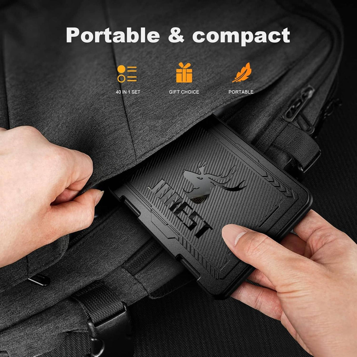 Compact precision screwdriver bits kit in black case with accessories and carry strap