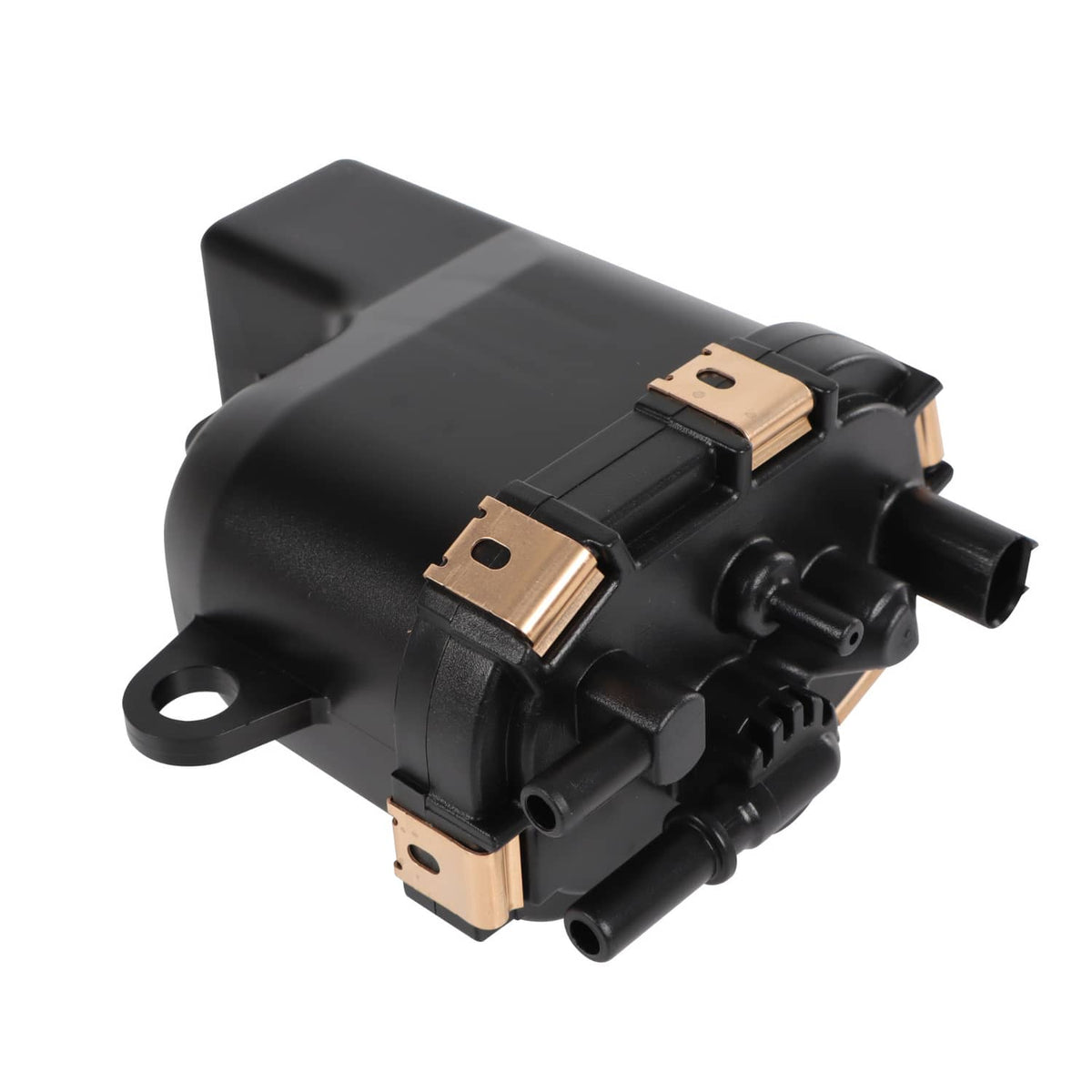 Black fuel pump module with copper terminals and multiple fuel hose outlets