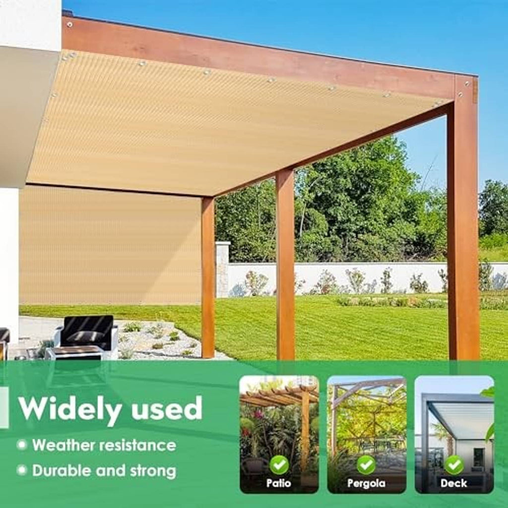 Desert sand pergola shade fabric panel with metal grommets mounted on a wooden frame.