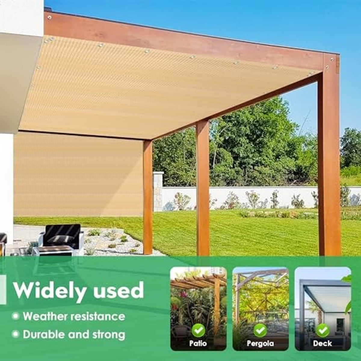 Desert sand pergola shade fabric panel with metal grommets mounted on a wooden frame.
