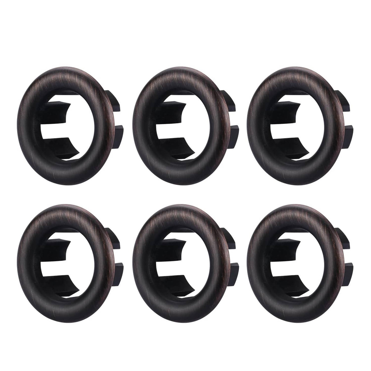 6-pack sink overflow rings, oil rubbed bronze-toned black round rings with clip tabs