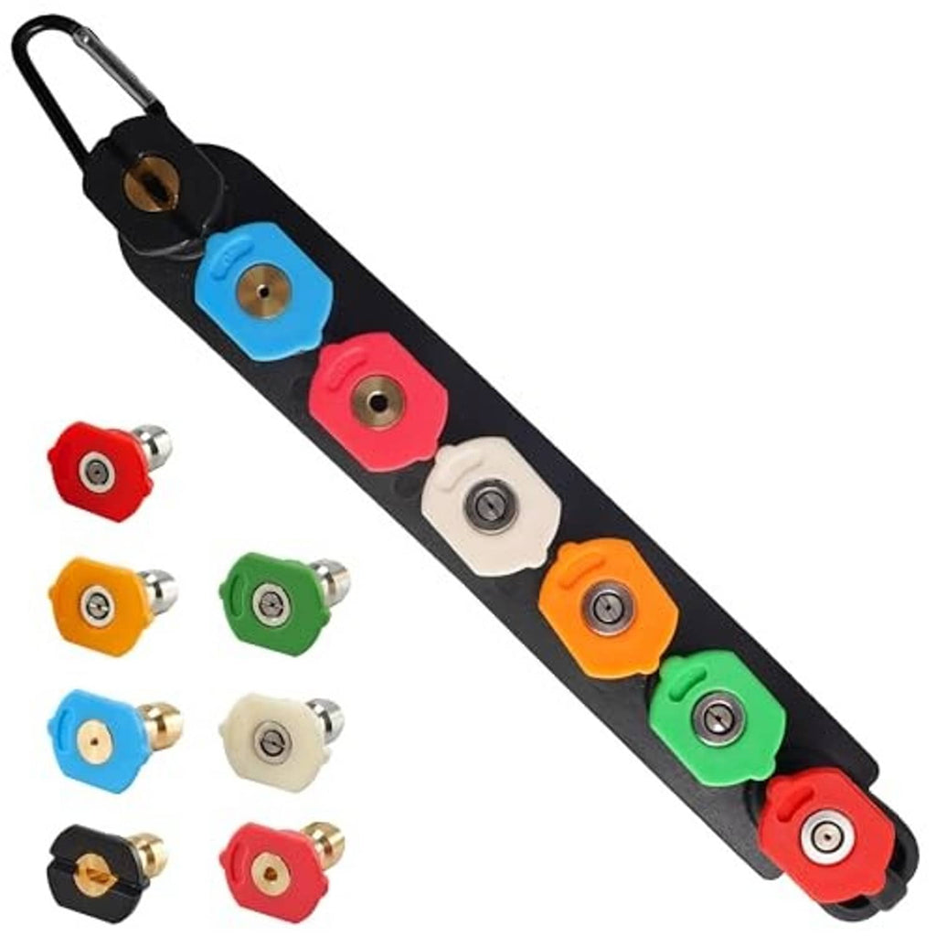 Pressure washer nozzle tip holder with seven color-coded tips on black bar, angled view