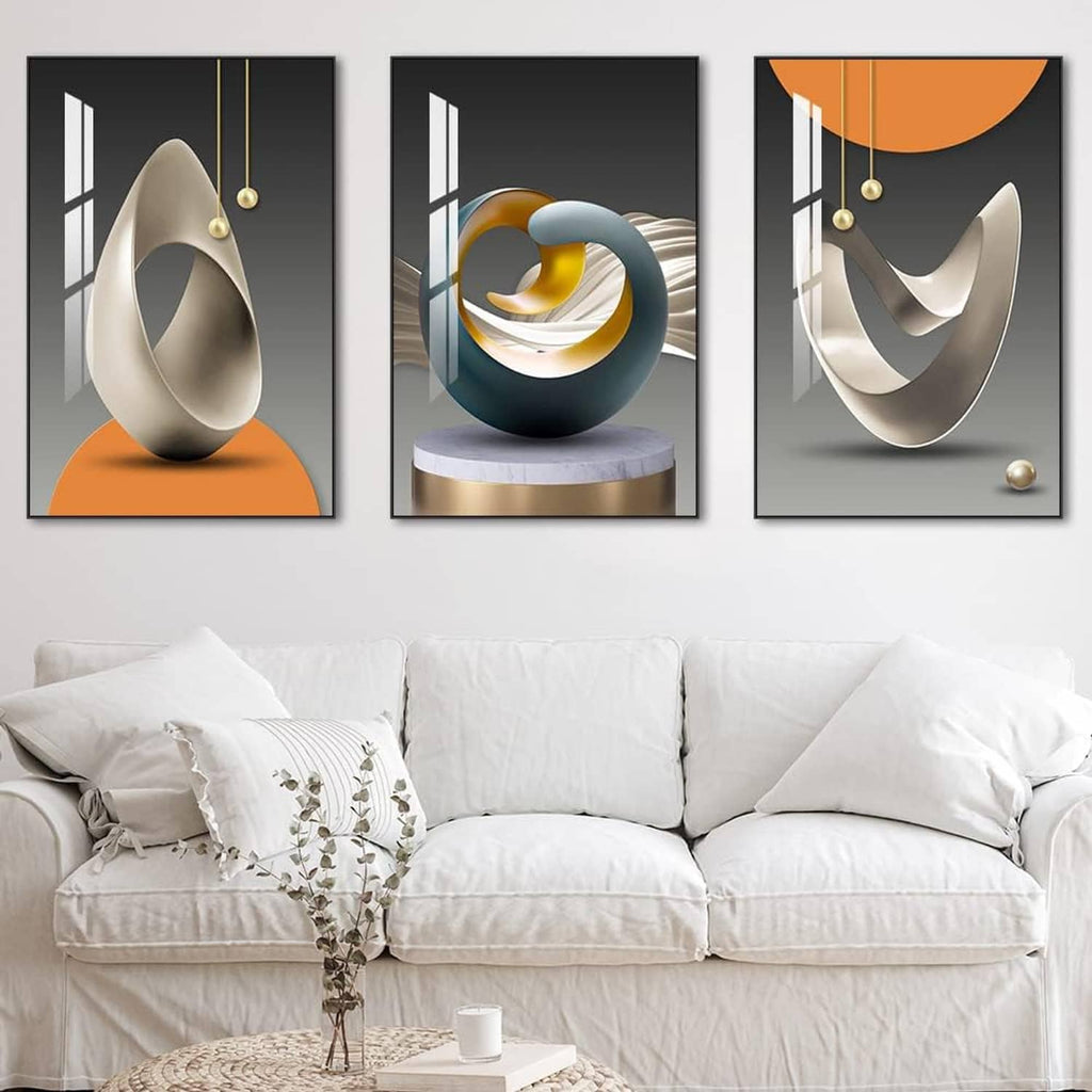 Set of three framed abstract wall art prints with black, white, blue and orange designs