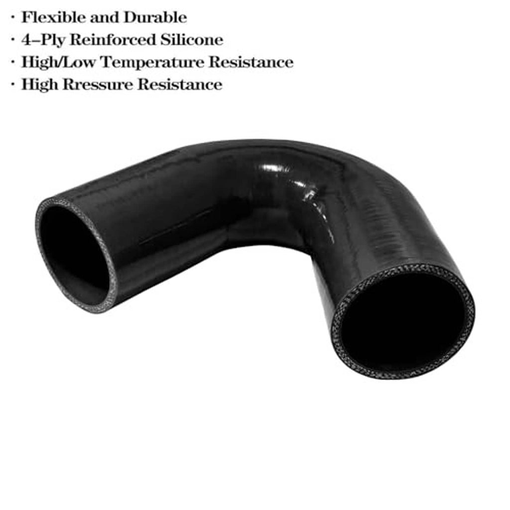 Black silicone 135-degree elbow coupler, angled view of both hose openings