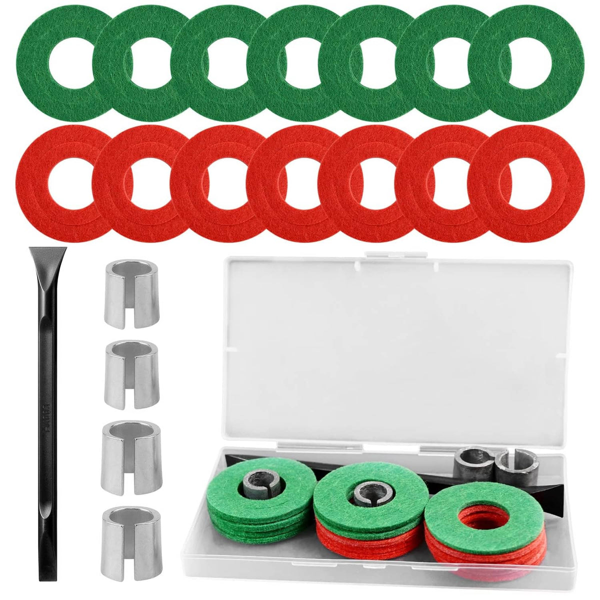 Battery post shim set with red and green washers and metal shim sleeves, 2-pack.