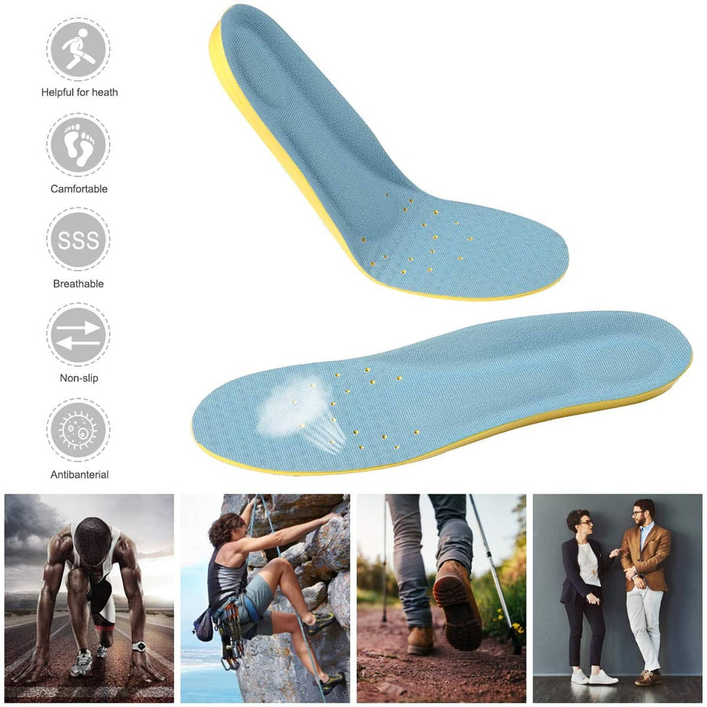 Blue comfort insole pair with yellow edge, textured dot ventilation and contoured shape