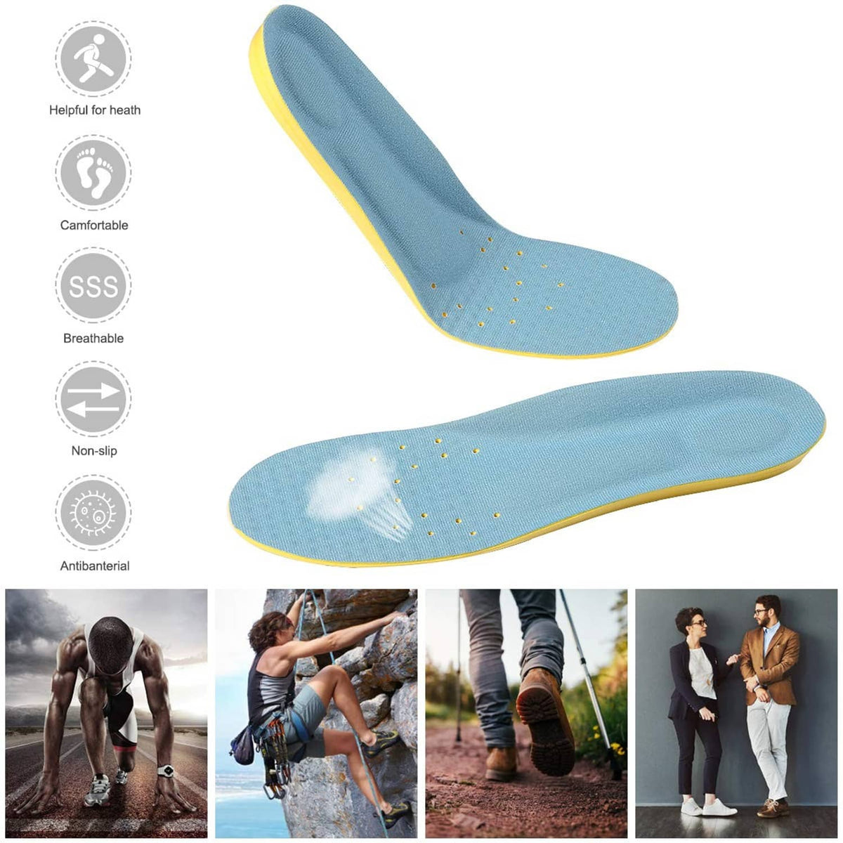 Blue comfort insole pair with yellow edge, textured dot ventilation and contoured shape
