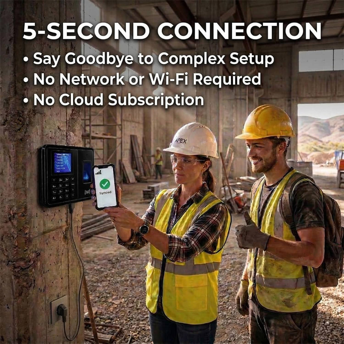 Time clock device with smartphone for fast connection alongside workers wearing safety vests