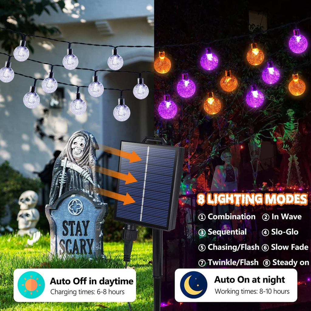 Halloween solar string lights with orange and purple globe bulbs and a small solar panel.