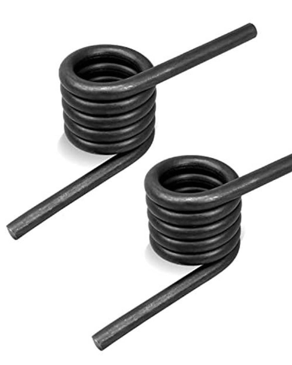 Two black coiled torsion springs with attached straight steel rods for mounting