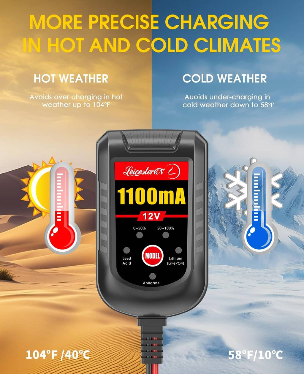 12V 1100mA battery charger with hot and cold charging temperature icons