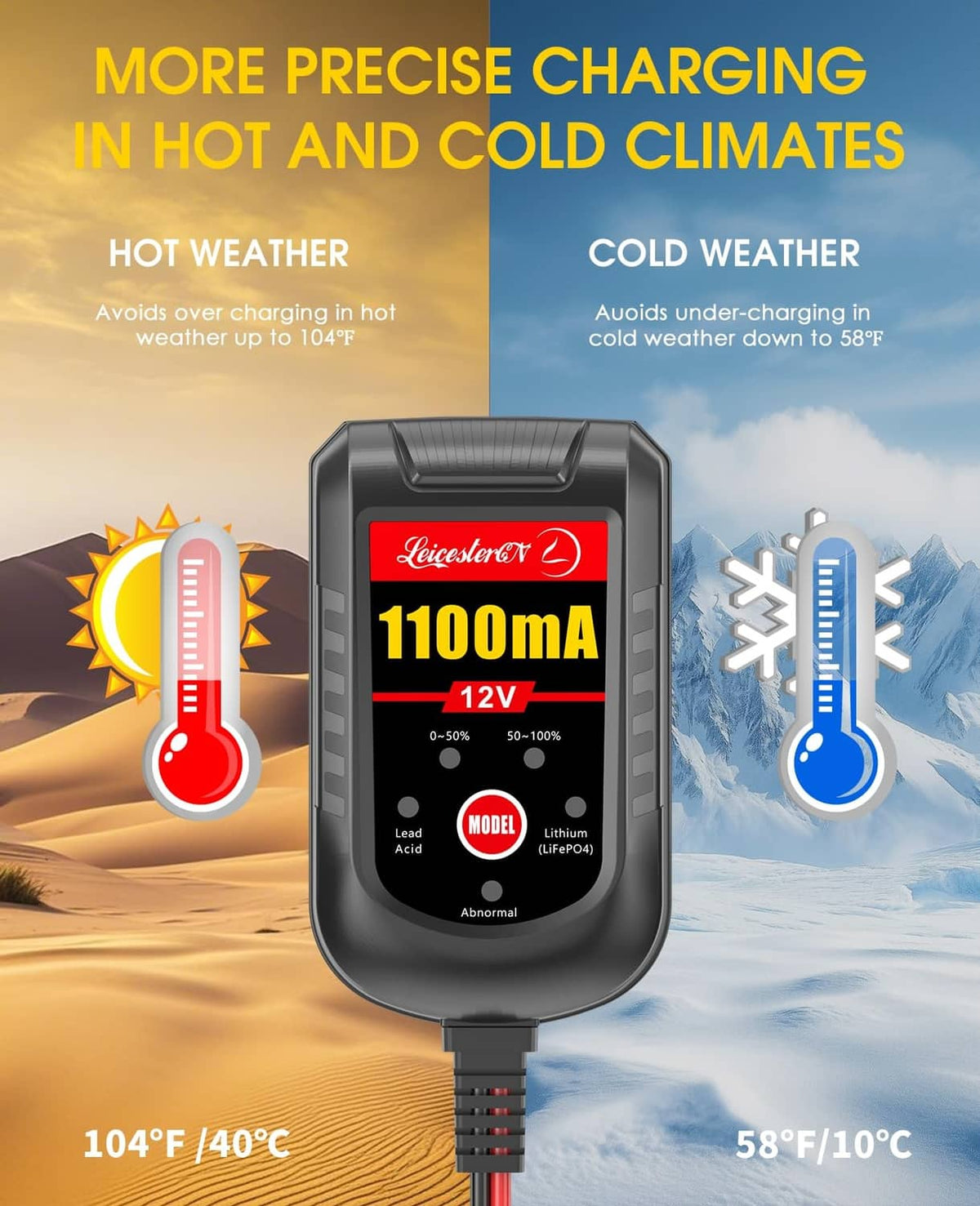 12V 1100mA battery charger with hot and cold charging temperature icons