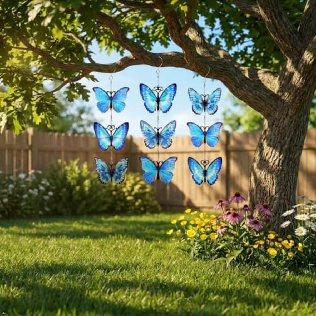 Blue butterfly metal hanging wind spinners with silver chain hooks, yard display