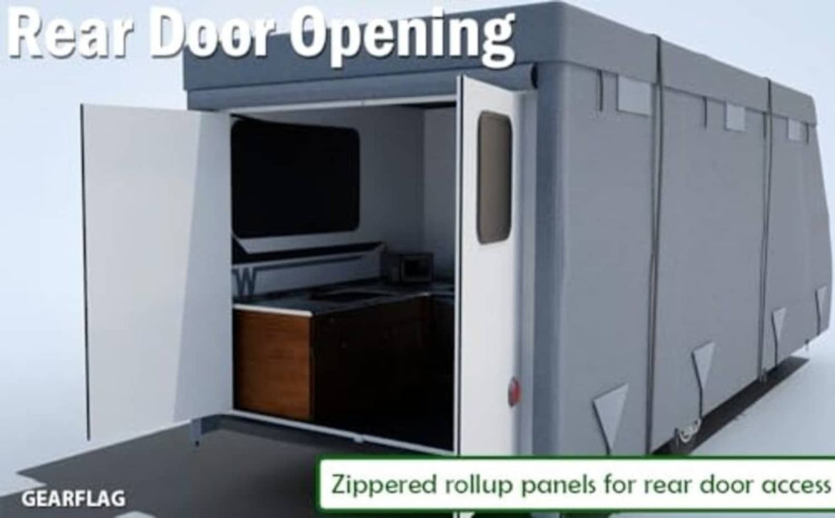 RV cover rear door opening with zippered rollup panels for access