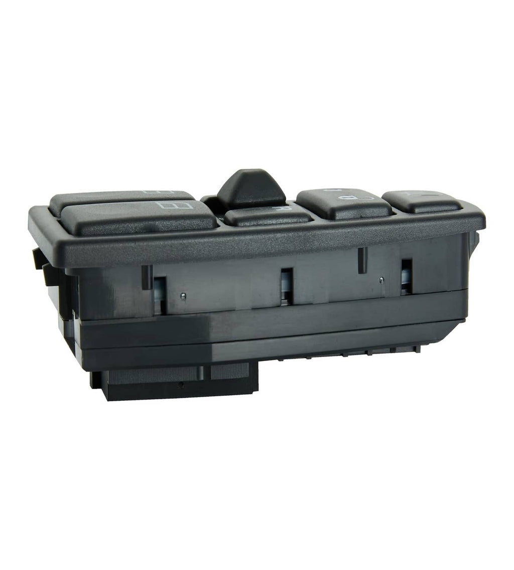Black power window switch side view with switch housing and electrical contact slots.